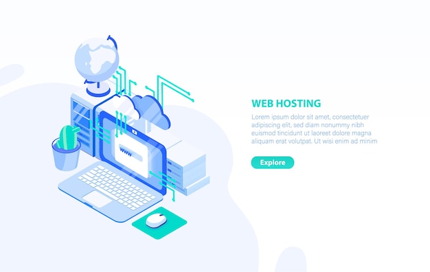 Креативный шаблон горизонтального баннера с ноутбуком, сервером и местом для текста. Технология веб- или интернет-хостинга, служба поддержки веб-сайтов. Современная красочная изометрическая векторная иллюстрация.