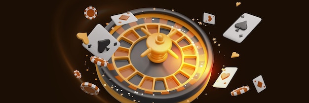 Vector creative horizontal casino concept roulette from which poker chips cards stars fly away