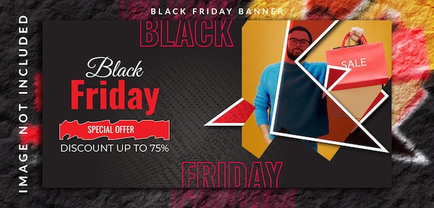 Offerta di vendita super mega creativa orizzontale verticale venerdì nero con banner di offerta di sconto con una foto di un uomo