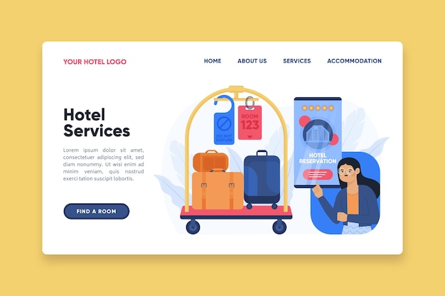 Vector creative hotel landing page with illustration