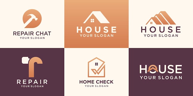 Creative house logo set, creative home logo collection combined hammer element, abstract buildings.