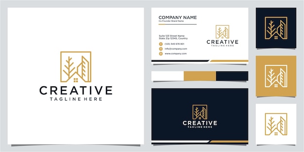 Creative house and tree logo with box line art concept and business card template