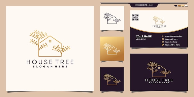 Logo creativo della casa e dell'albero con stile artistico linea dorata e design del biglietto da visita vettore premium