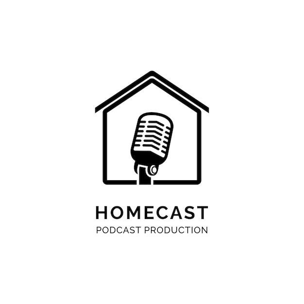 Vettore casa creativa con icona del microfono del microfono per l'ispirazione per il design del logo di home podcast studio