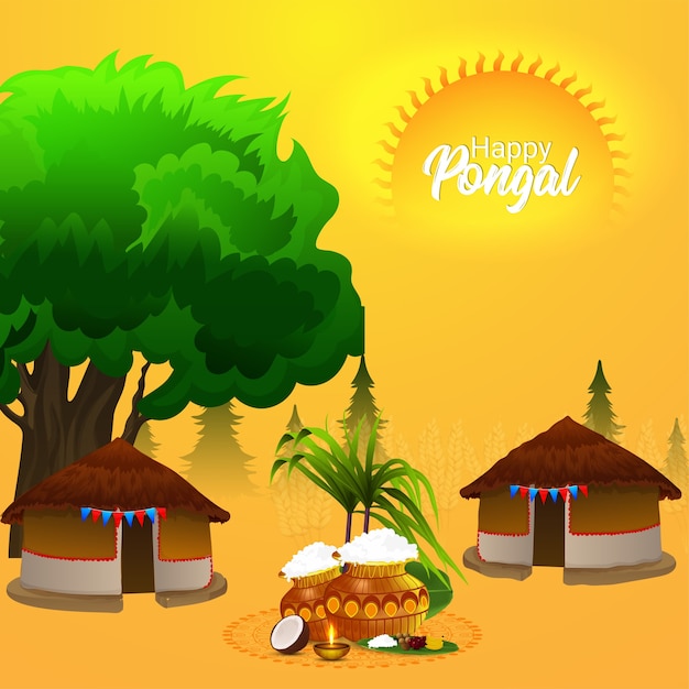 Creative hut concept for happy pongal with mud pot