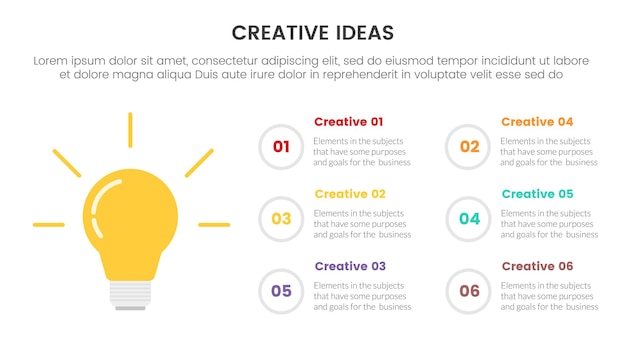 Vector creative idea concept infographic 6 point stage template with lightbulb on left column with outline circle description for slide presentation vector