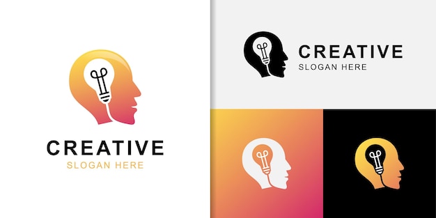 Creative idea concept logo design with head and bulb icon symbol for smart human creative people brain idea icon logo design element