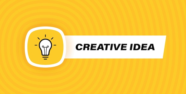 Vector creative idea label design with light bulb and rays isolated on geometric background in yellow colors vector illustration