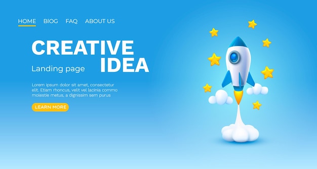 Idea creativa landing page razzo spazio banner vettore