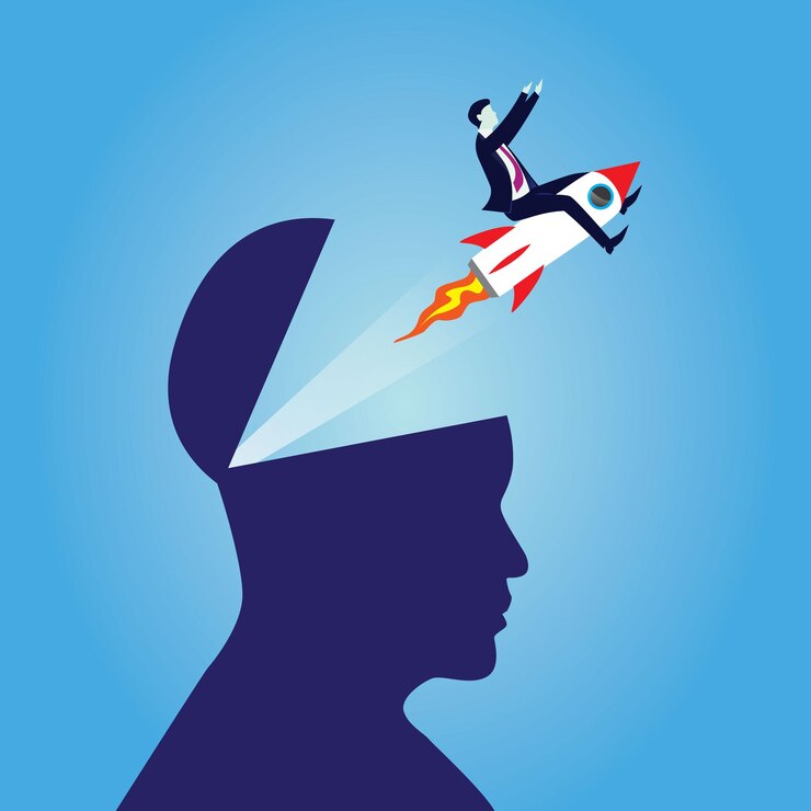 वेक्टर creative idea mind concept businessman flying rocket from inside big man head innovation in business