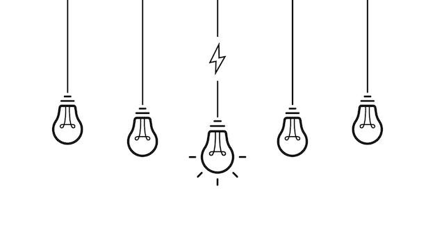 独創的なアイデア 電球の上からぶら下がっているセット ケーブルと稲妻の付いた電球 ベクトル イラスト