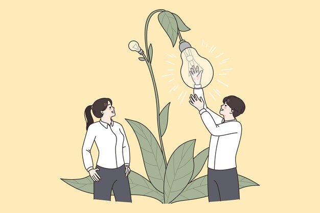 Idea creativa e concetto di lavoro di squadra colleghi positivi uomo e donna partner commerciali in piedi e in possesso di piante in fiore con lampadina come illustrazione vettoriale di fiori
