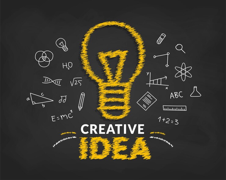 Vector creative ideas concept with doodle light bulb and typography lettering of idea background