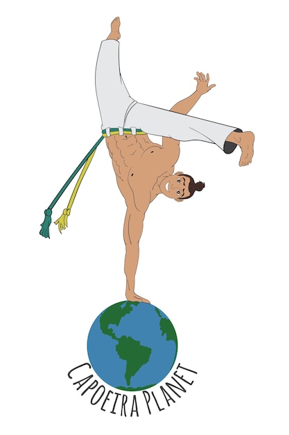 Vettore illustrazione creativa del ballerino di capoaira. ballerino di capoeira in piedi su una mano sul pianeta terra