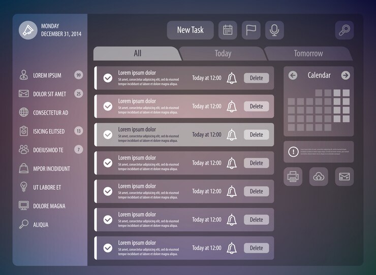 Vector 데이 플래너 템플릿 ui ux mockup 캘린더 앱 작업 관리자의 크리 에이 티브 일러스트레이션