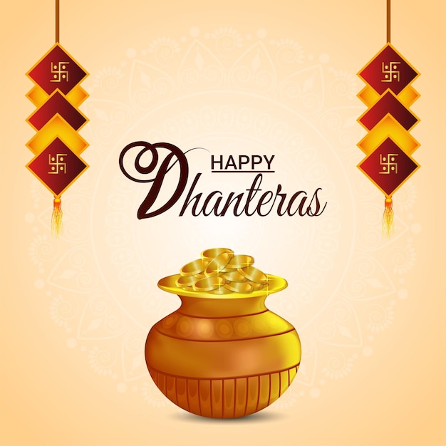 Vettore illustrazione creativa della cartolina d'auguri di celebrazione di shubh dhanteras con la pentola creativa della moneta d'oro