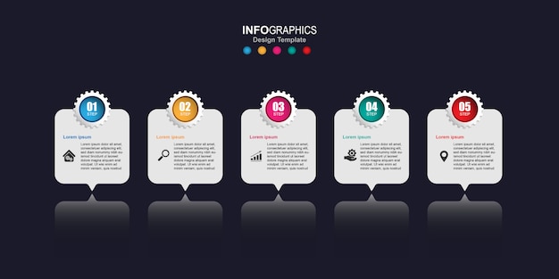 Creative infographic design template, 5 concept gear text boxes with pictograms.
