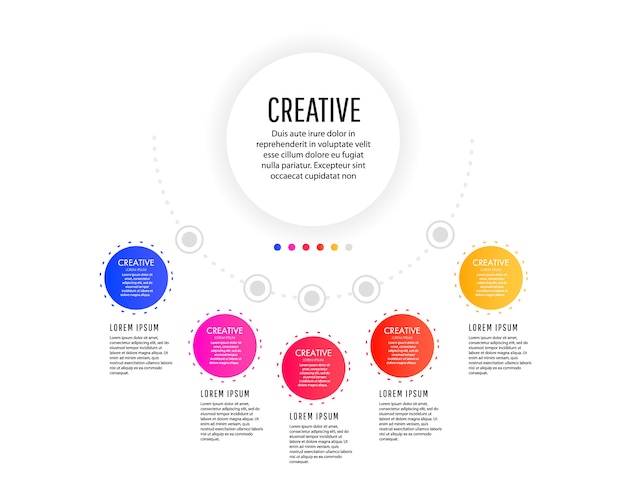 Modello di infografica creativo con elementi tondi colorati, puntatori e campi di testo