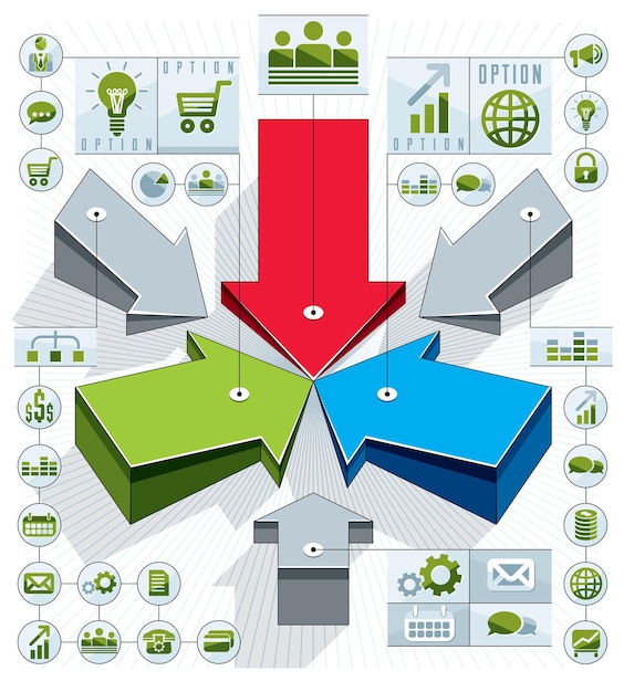 Vettore composizione infografica creativa, frecce 3d che puntano verso l'idea centrale, illustrazione del layout vettoriale.