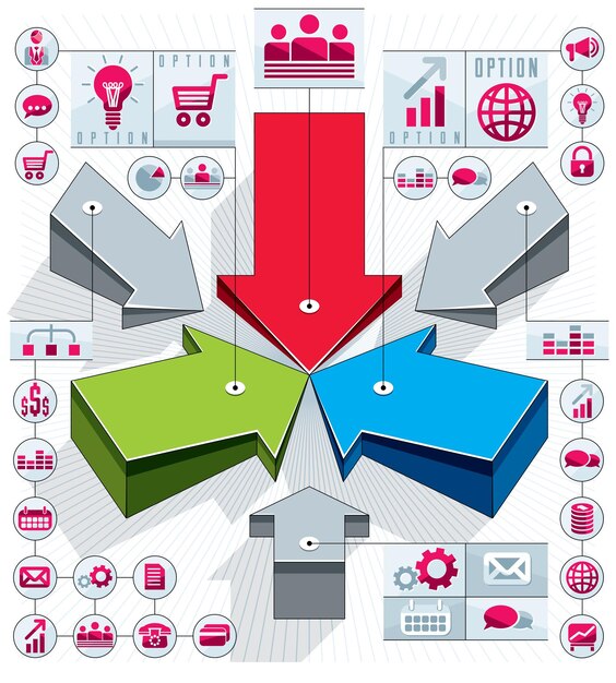 Vettore composizione di infografie creative, frecce 3d che puntano all'idea centrale, illustrazione di layout vettoriale.