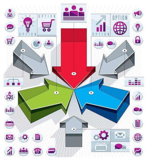 Vettore concetto di infografia creativa, frecce 3d che puntano all'idea centrale, illustrazione vettoriale.