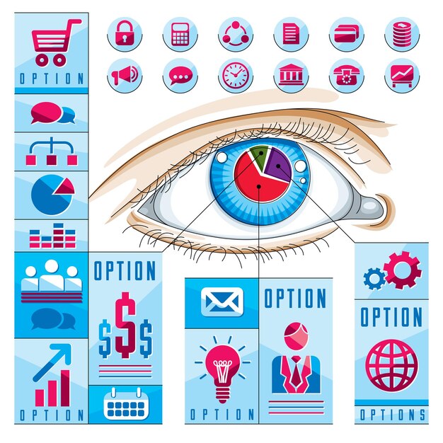 Creative infographics concept, human eye, looking eye idea, vector illustration.