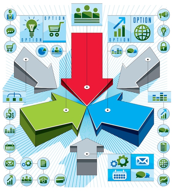 Вектор Креативная композиция элементов инфографики, 3d стрелки, указывающие на центральную идею, векторная иллюстрация.
