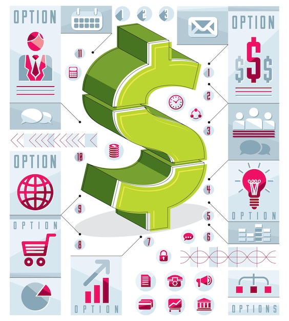 Vector creative infographics elements composition, layered dollar sign idea, vector layout template.