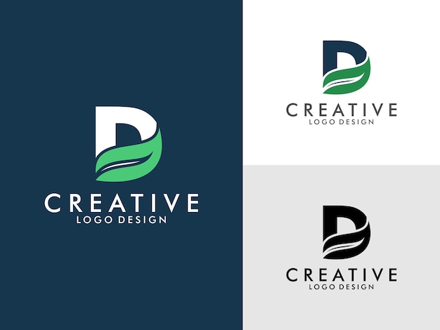 Creative initial Letter D with Green Leaf Logo vector template on three color variations