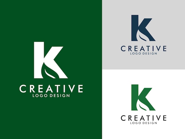 Creative initial Letter K with Green Leaf Logo vector template on three color variations