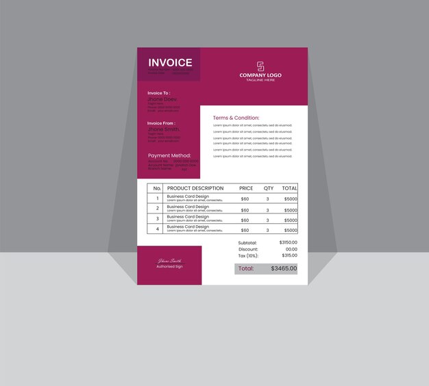 Creative Invoice Design Personal Visiting Invoice With Company Logo and Invoice Print Template