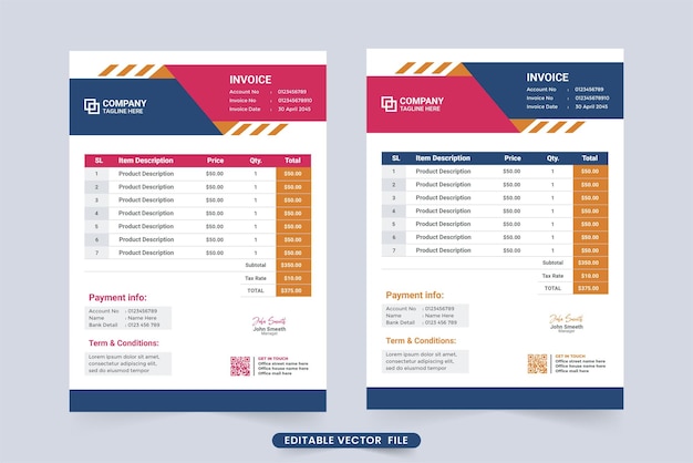 Modello di fattura creativa vettoriale con forme colorate decorazione minimalista del modello di ricevuta di pagamento modello di fattura e ricevuta del prezzo con informazioni sull'azienda e sezioni del prezzo del prodotto