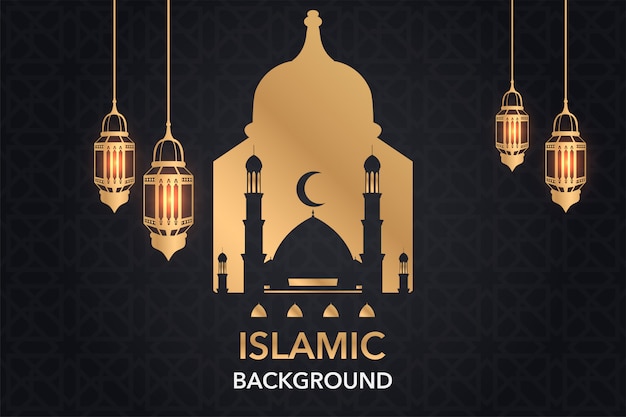 Creative islamic background with golden lantern and mosque