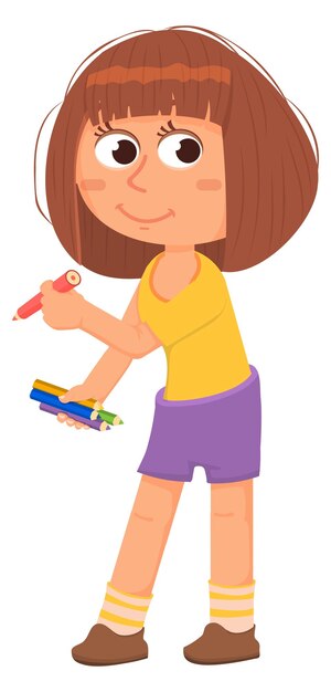 Creative kid character Cute girl with color pencils