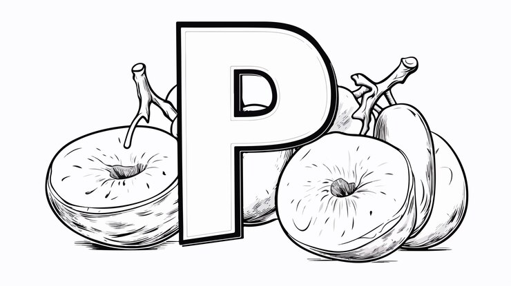 Vector creative kids education card with plum fruit and outline letters