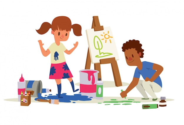 ベクトル 創造的な子供たち。女の子と男の子の描画、絵画、イーゼルのスケッチ。