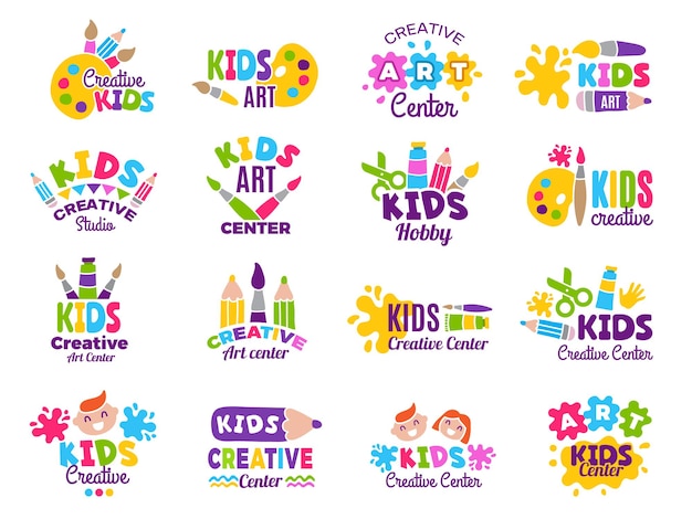 Creative Kids Logo. Craft And Painting Creativity Class For Children Identity  Emblems Collection.