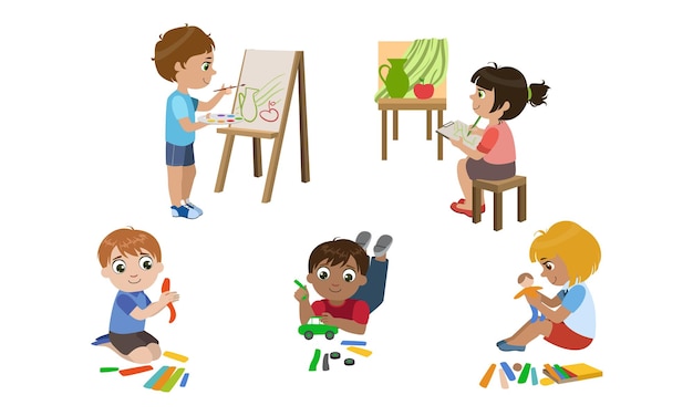 Creative Kids Set Cute Boys and Girls Painting Modelling from Plasticine Childrens Education Development Vector Illustration