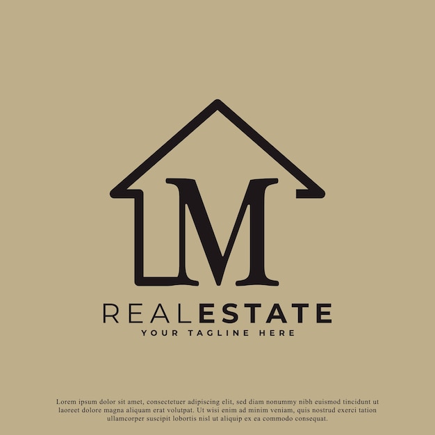 Lettera creativa m house logo design house symbol stile lineare geometrico per loghi immobiliari