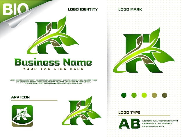 Creative letter r and modern green leaf logo premium vector