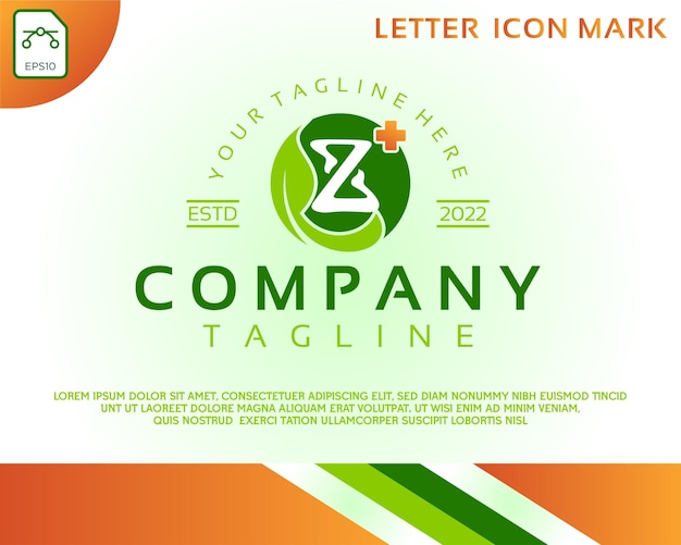 創造的な文字 Z とヘルスケアの緑の葉のロゴのデザイン テンプレート