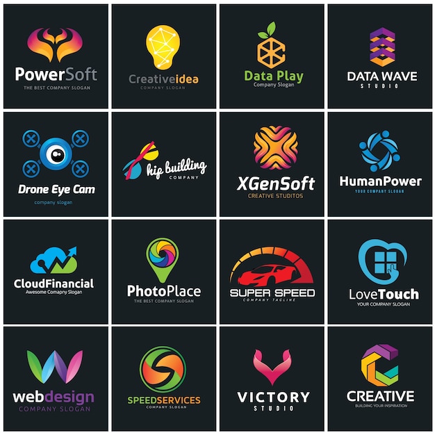 벡터 창의적인 로고 컬렉션, 미디어 및 창의적인 아이디어 로고 디자인 서식 파일.