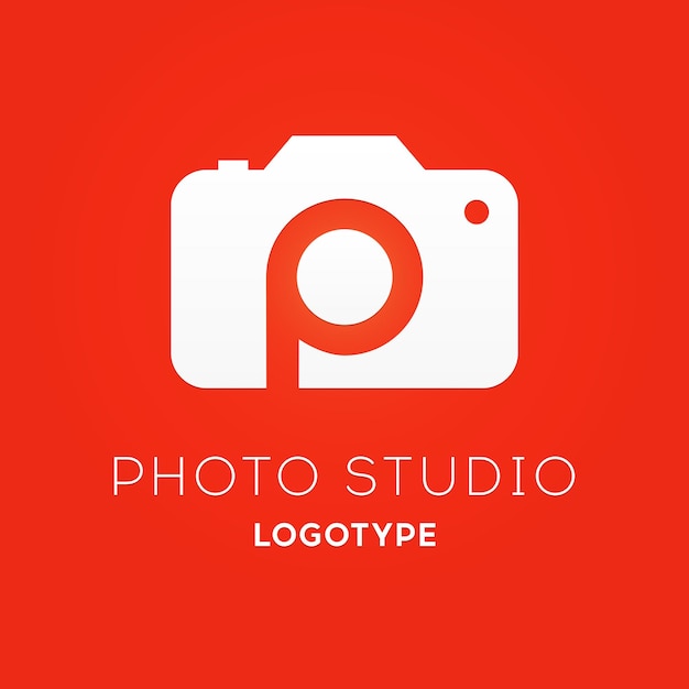 Креативная концепция логотипа для фотостудии с буквой P внутри векторного элемента на красном фоне