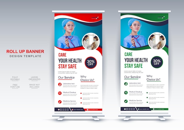 Creative medical roll up banner design editable template