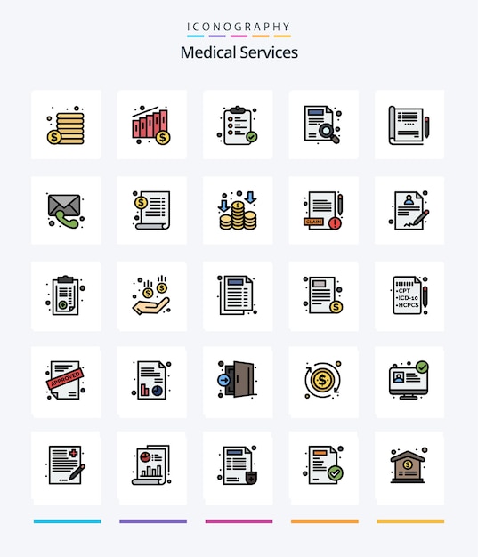 Creative Medical Services 25 Line Filled 아이콘 팩(예: 보고서 의료 약국 의사 보고서)