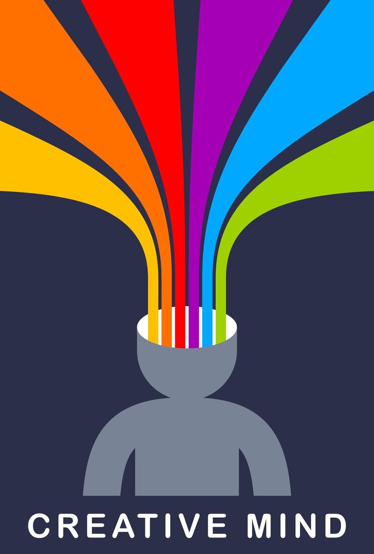 Vector creative mind brain vector concept in flat trendy design style, colorful rainbow stripes goes out of man head symbolizes creative ideas and thinking, artist designer or writer author.