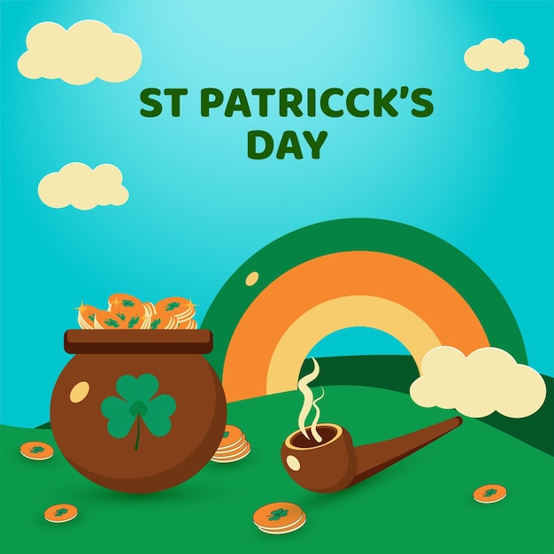 Vector creative minimal flat vector illustration on st patricks day pot full of golden coins and smoke pipe