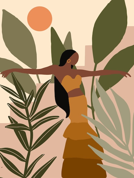 Creative minimalist hand painted cover with tropical leaves and black woman silhouette