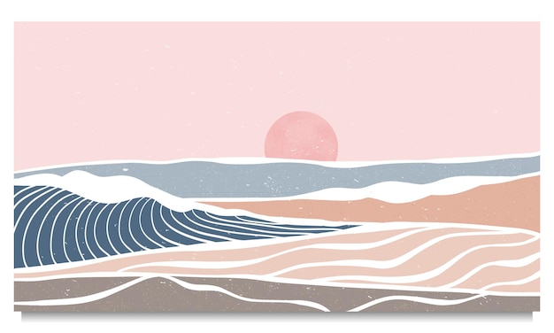 Stampa d'arte moderna minimalista creativa. onda oceanica astratta e paesaggi di sfondi estetici contemporanei di montagna. con mare, orizzonte, onda. illustrazioni vettoriali