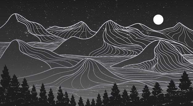 Vettore creativa e minimalista moderna linea artistica stampa astratta montagna contemporanea estetica sfondi paesaggi con skyline e onde al chiaro di luna di montagna